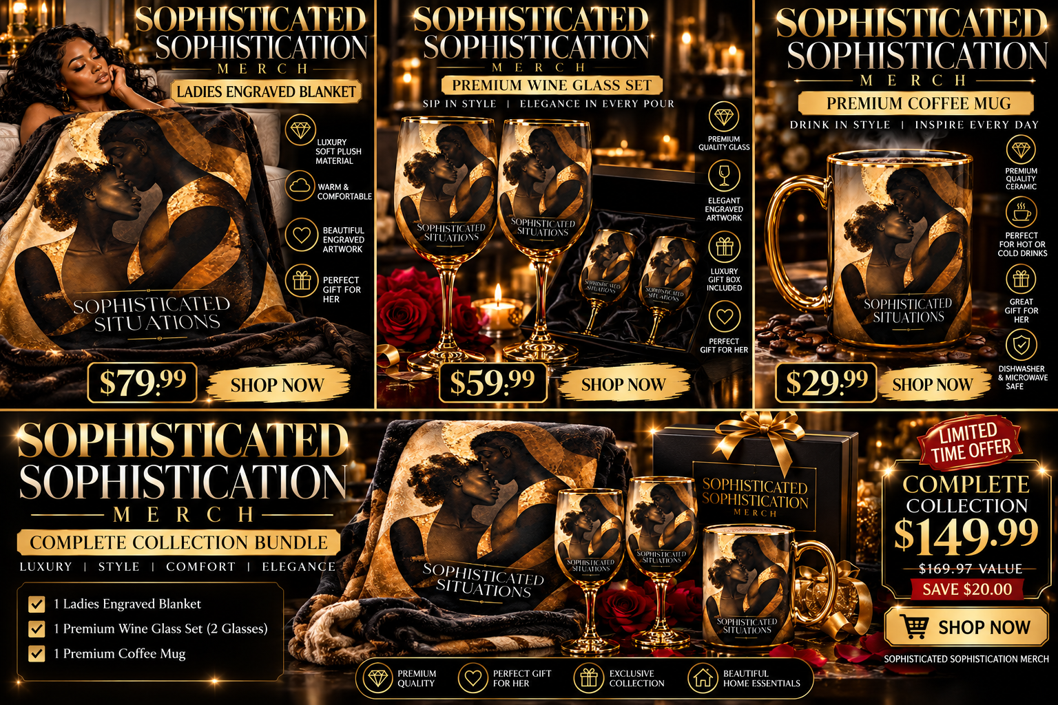 Sophisticated Situations blanket, wine glasses, mug, and complete collection